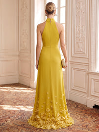 Satin Evening Dresses Sheath/Mermaid High Neck Floor Length 3D Flowers