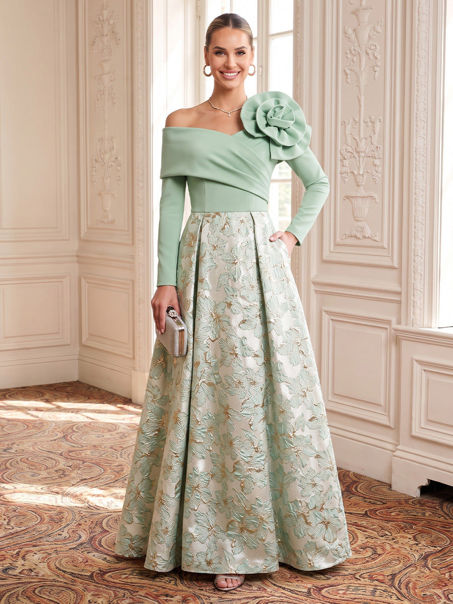 Metallic Jacquard Evening Dresses A Line Off the Shoulder Long Sleeves Floor Length 3D Flowers