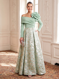 Metallic Jacquard Evening Dresses A Line Off the Shoulder Long Sleeves Floor Length 3D Flowers