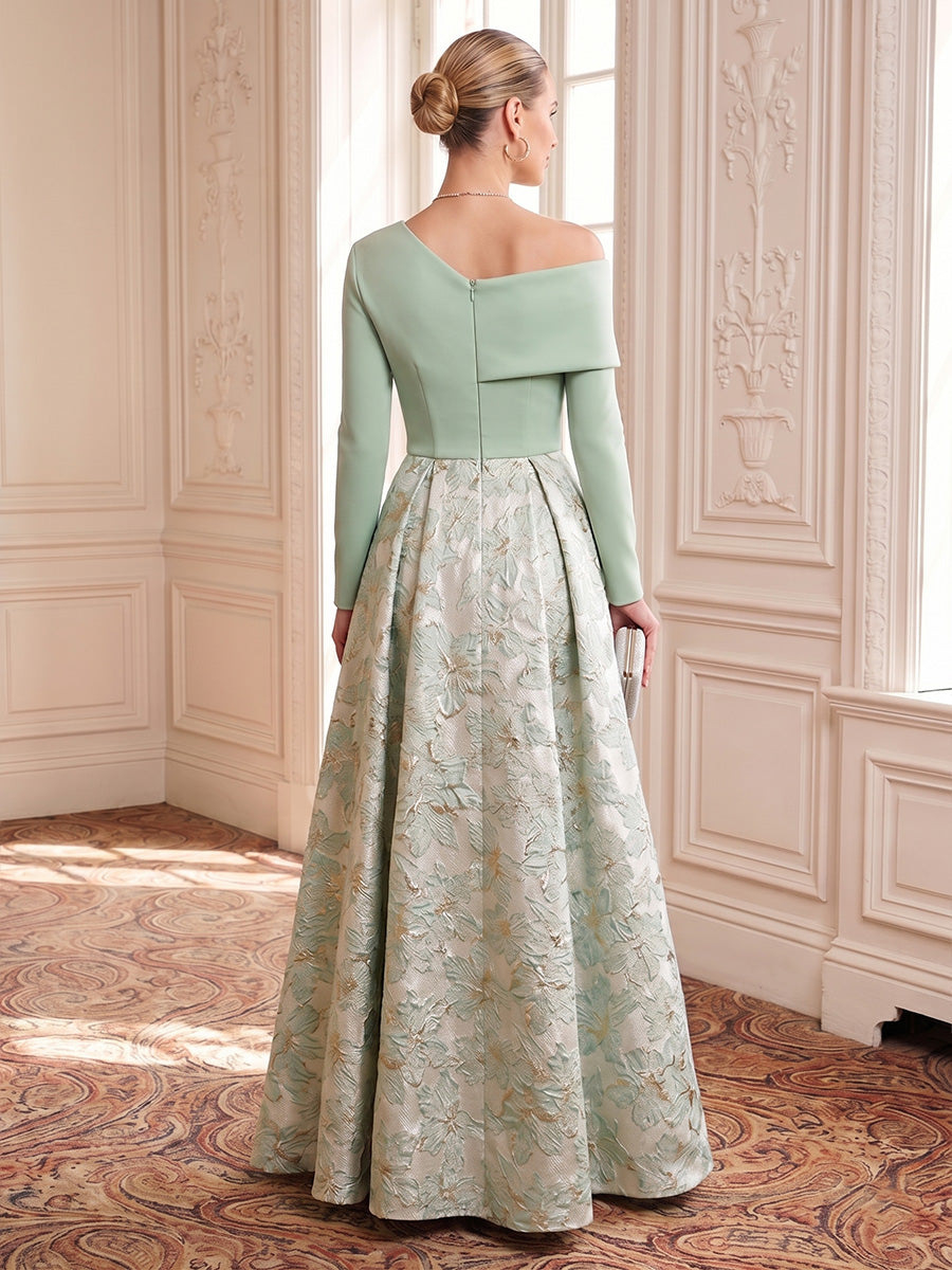 Metallic Jacquard Evening Dresses A Line Off the Shoulder Long Sleeves Floor Length 3D Flowers
