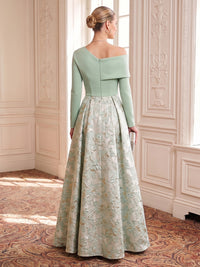 Metallic Jacquard Evening Dresses A Line Off the Shoulder Long Sleeves Floor Length 3D Flowers