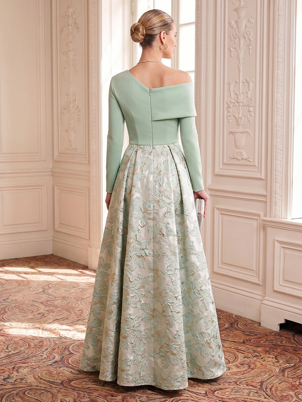 Metallic Jacquard Evening Dresses A Line Off the Shoulder Long Sleeves Floor Length 3D Flowers