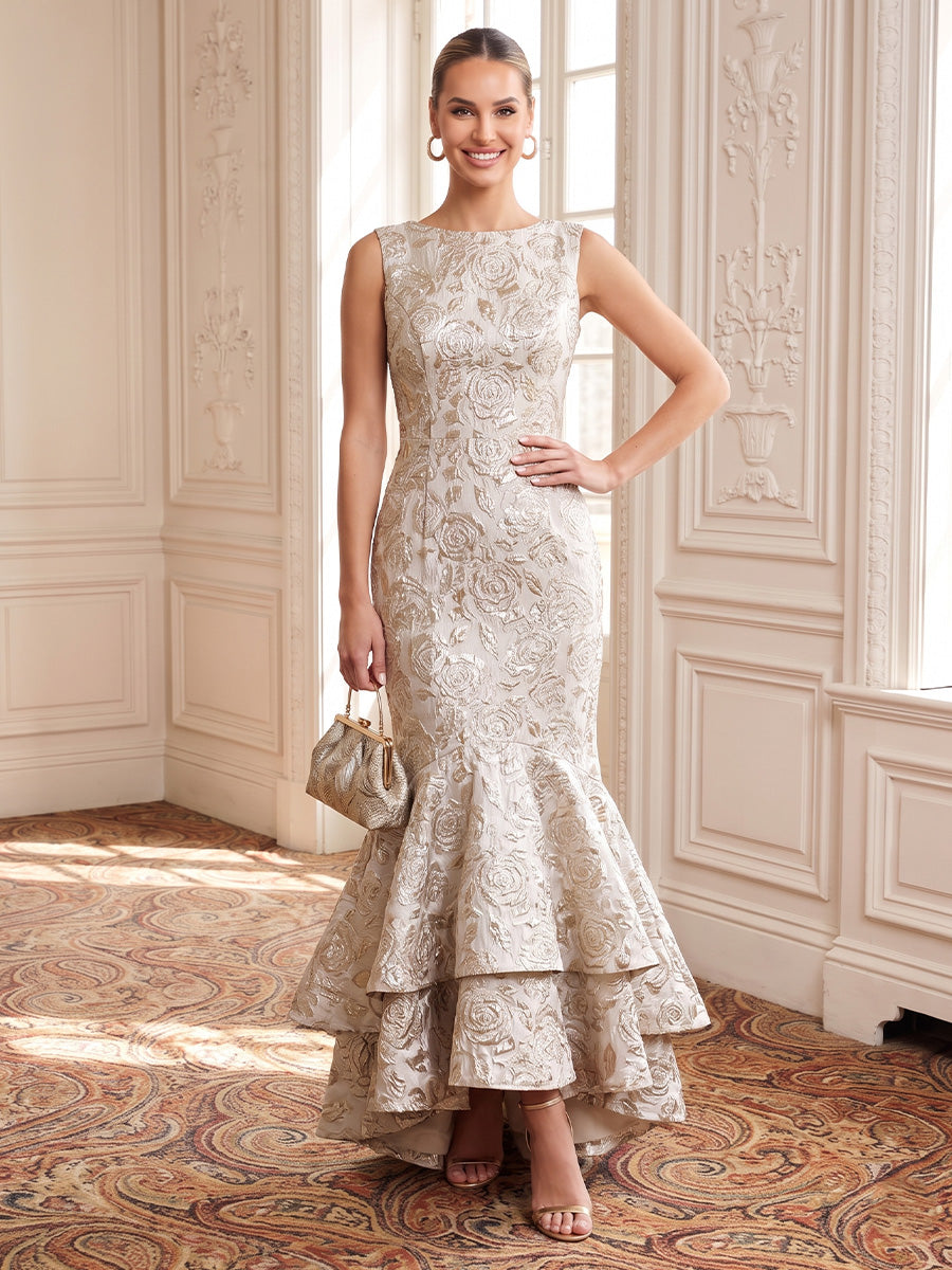Metallic Jacquard Evening Dresses Mermaid/Sheath Scoop Neck Floor Length Sleeveless Tiered Ruffles