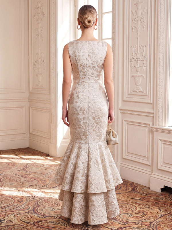 Metallic Jacquard Evening Dresses Mermaid/Sheath Scoop Neck Floor Length Sleeveless Tiered Ruffles