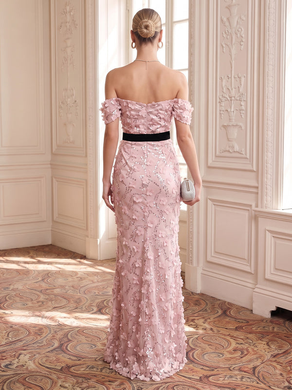 Metallic Jacquard Off the Shoulder Mermaid/Sheath Evening Dresses Floor Length Floral with Bow