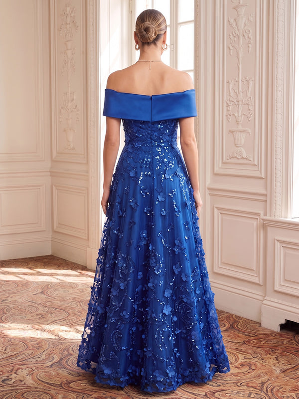 Tulle A Line Evening Dresses Off the Shoulder Floor Length 3D Flowers