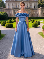 Satin Evening Dresses Off the Shoulder A Line Floor Length Ruffles