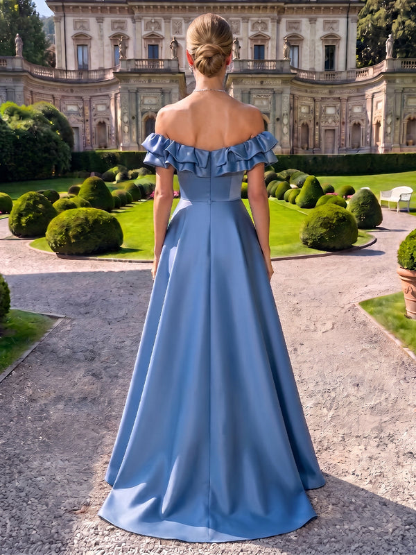 Satin Evening Dresses Off the Shoulder A Line Floor Length Ruffles