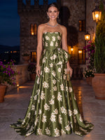 Floral Satin Evening Dress Strapless A Line Floor Length Sleeveless with Bow