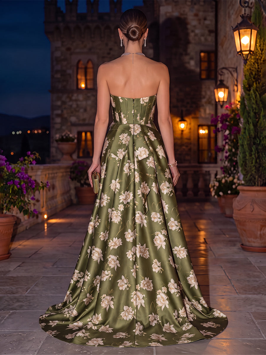 Floral Satin Evening Dress Strapless A Line Floor Length Sleeveless with Bow
