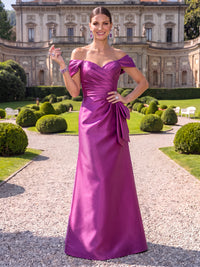 Satin Evening Dresses Sheath/Mermaid Off the Shoulder Floor Length with Bow