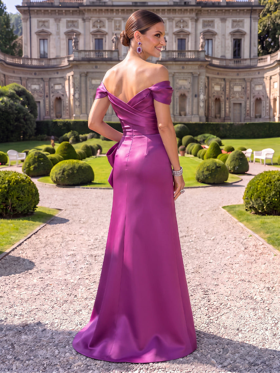 Satin Evening Dresses Sheath/Mermaid Off the Shoulder Floor Length with Bow