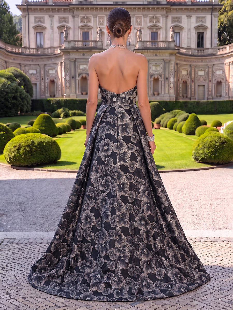 Floral Jacquard Evening Dresses A Line Strapless Floor Length Sleeveless