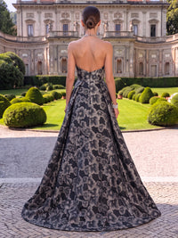 Floral Jacquard Evening Dresses A Line Strapless Floor Length Sleeveless