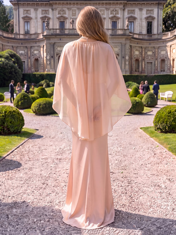 Satin Evening Dresses Sheath/Mermaid Scoop Neck Cape Sleeves Floor Length