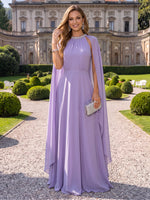 Chiffon Evening Dresses A Line Scoop Neck Sleeveless Floor Length with Cape