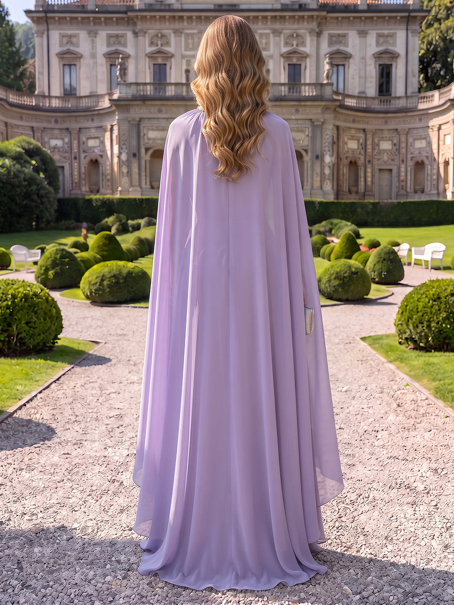 Chiffon Evening Dresses A Line Scoop Neck Sleeveless Floor Length with Cape