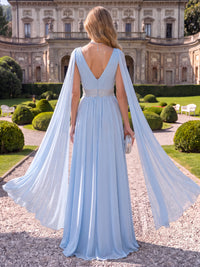 Chiffon Evening Dresses A Line V Neck Cape Sleeves Floor Length