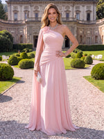 Chiffon Evening Dresses A Line One Shoulder	Sleeveless Floor Length Ruched