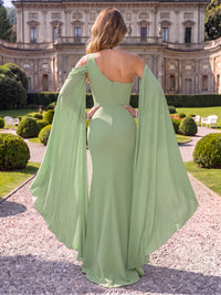 Chiffon Evening Dresses Sheath One Shoulder Sleeveless Floor Length with Cape