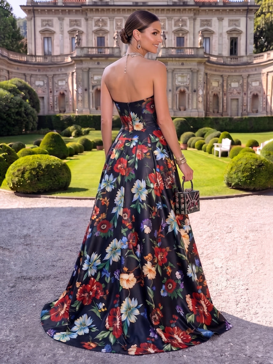 Floral Satin Evening Dresses A Line Strapless Sleeveless Floor Length