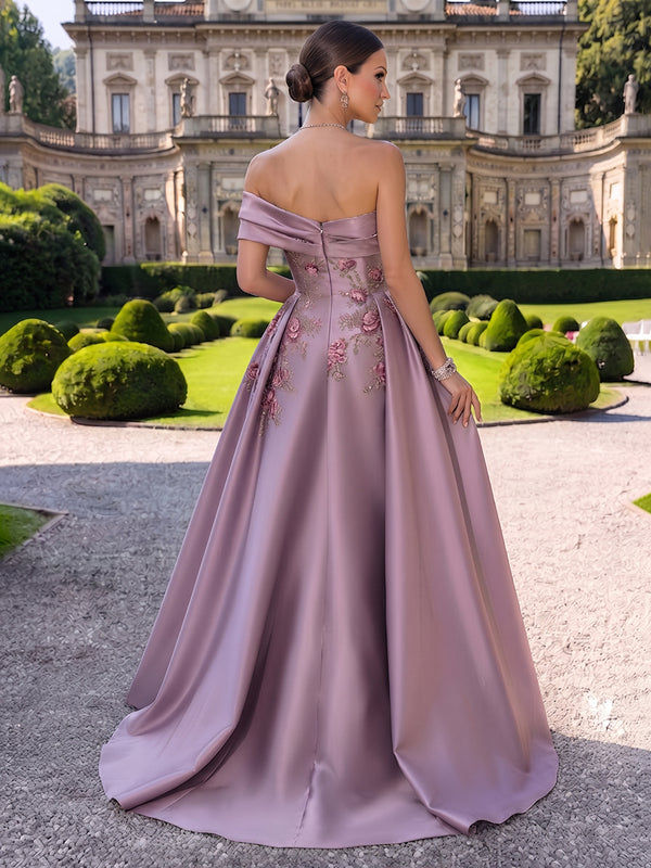 Satin Evening Dresses A Line One Shoulder Floor Length Pleated