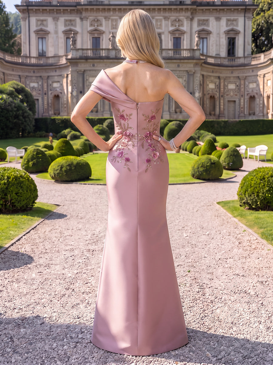 Satin Evening Dresses Mermaid One Shoulder Sleeveless Floor Length Pleated