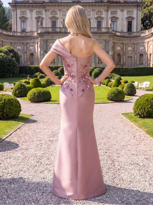 Satin Evening Dresses Mermaid One Shoulder Sleeveless Floor Length Pleated