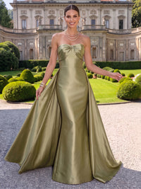 Satin Evening Dresses A Line Strapless Sleeveless Floor Length
