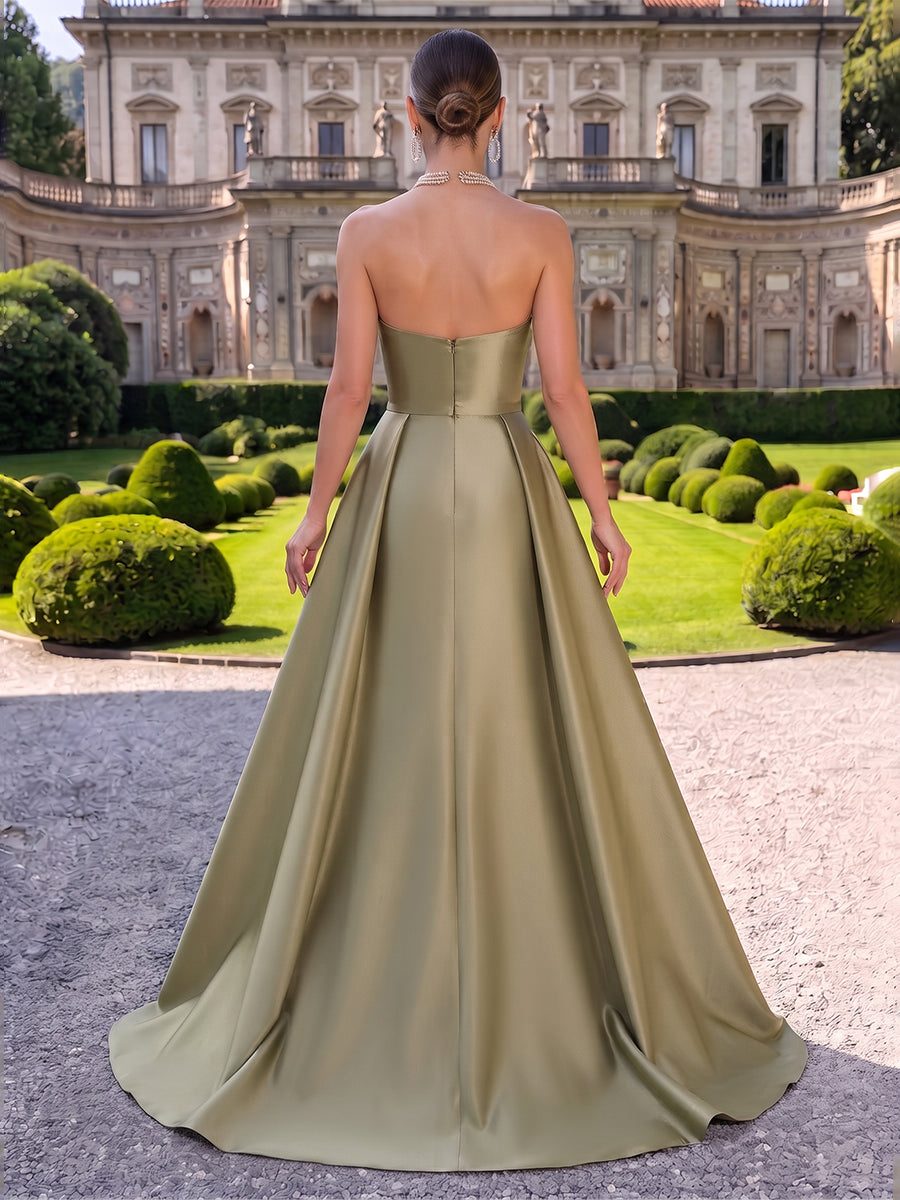 Satin Evening Dresses A Line Strapless Sleeveless Floor Length