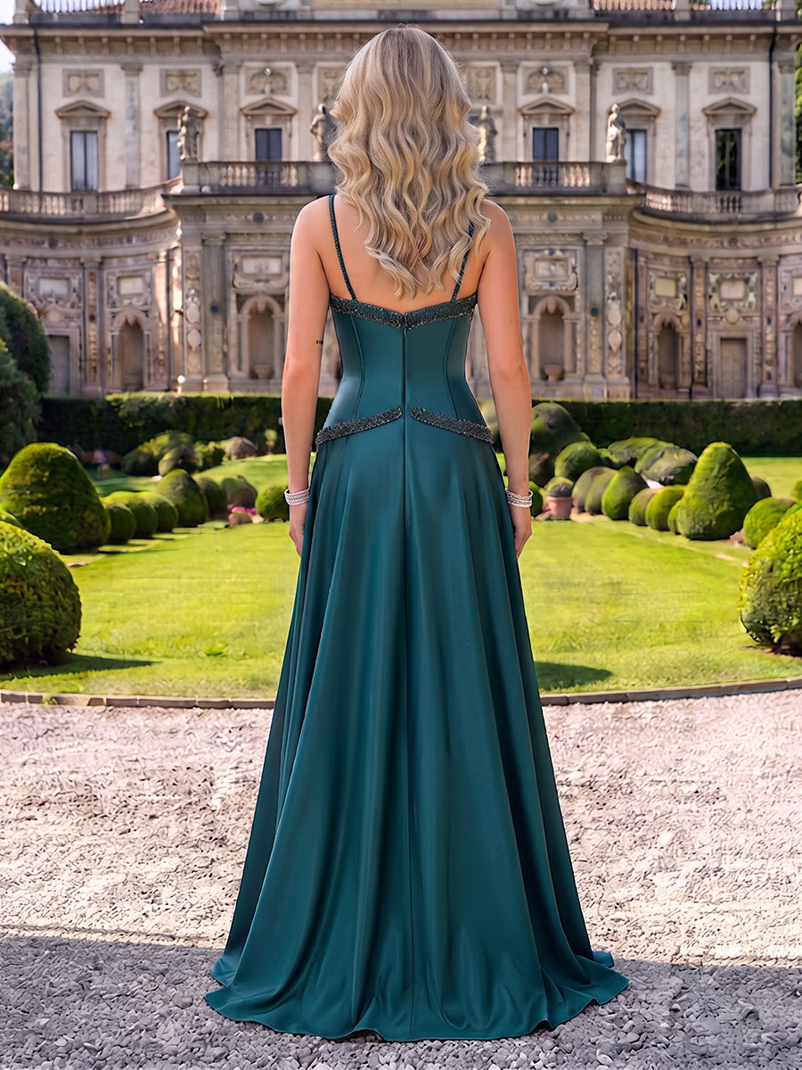 Satin Evening Dresses A Line V Neck Floor Length Sleeveless with Beads