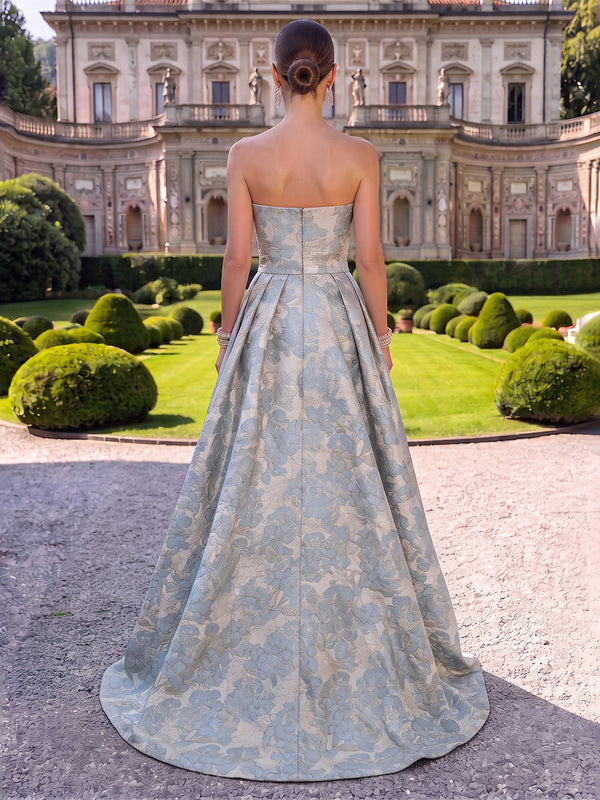 Jacquard Evening Dresses A Line Strapless Floor Length Pleated