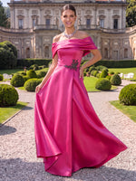Satin Evening Dresses A Line Off the Shoulder Floor Length