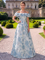 Jacquard Evening Dresses A Line Off the Shoulder Short Sleeves Floor Length