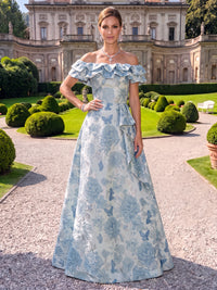 Jacquard Evening Dresses A Line Off the Shoulder Short Sleeves Floor Length