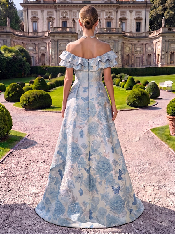 Jacquard Evening Dresses A Line Off the Shoulder Short Sleeves Floor Length