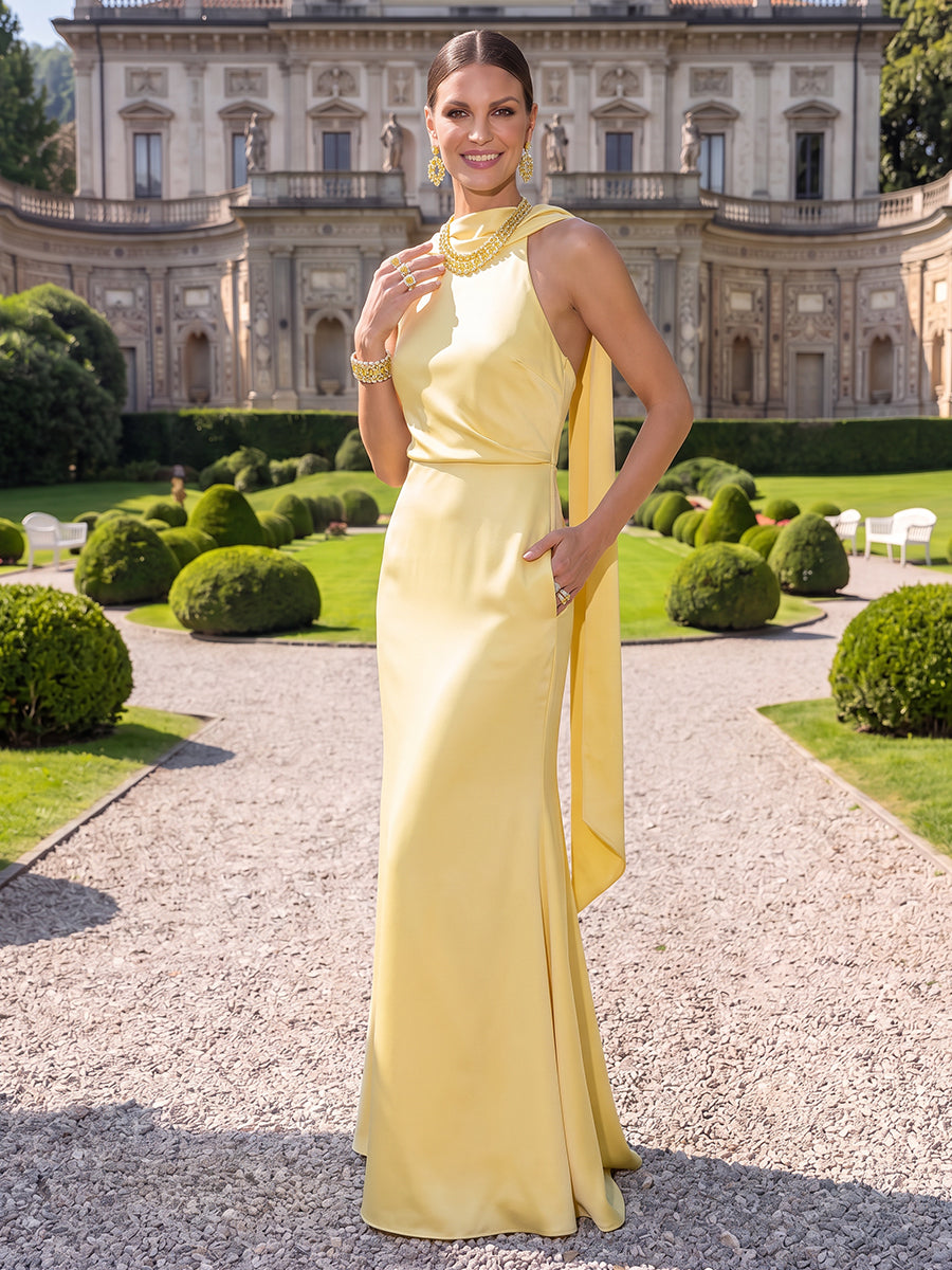 Satin Evening Dresses Sheath Halter Floor Length