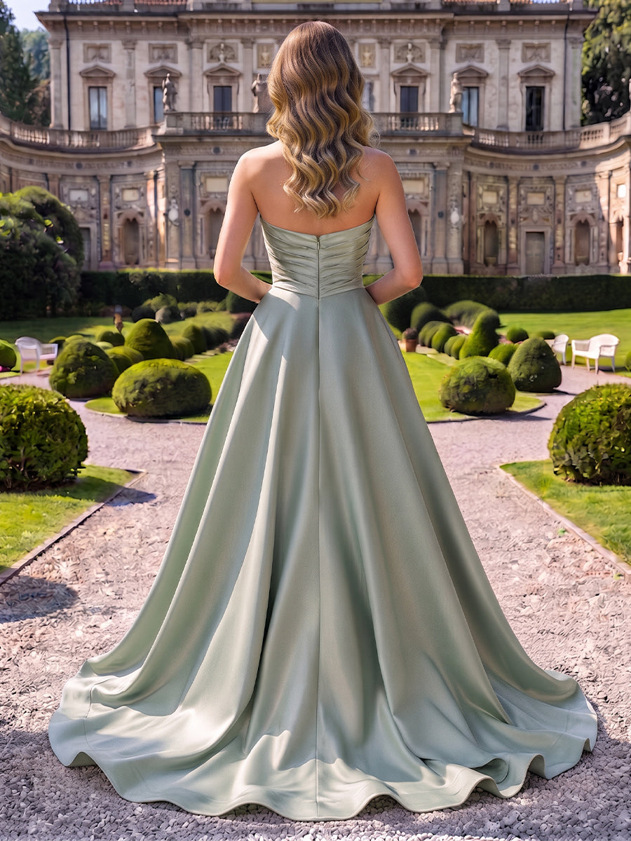 Ruched Satin Evening Dresses A Line Strapless Floor Length Ruffles
