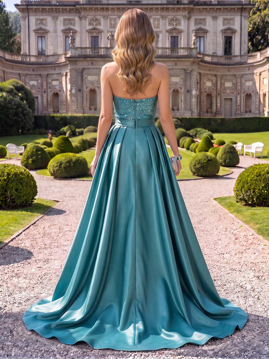 Sequin Evening Dresses A Line Strapless Sleeveless Floor Length