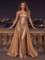 Sequin Evening Dresses A Line Strapless Sleeveless Floor Length with Bow
