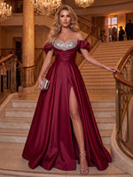 Satin Evening Dresses A Line Off the Shoulder Floor Length Ruched with Slit