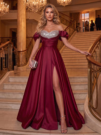 Satin Evening Dresses A Line Off the Shoulder Floor Length Ruched with Slit