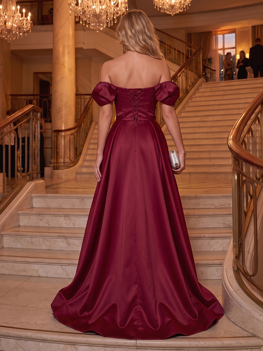 Satin Evening Dresses A Line Off the Shoulder Floor Length Ruched with Slit