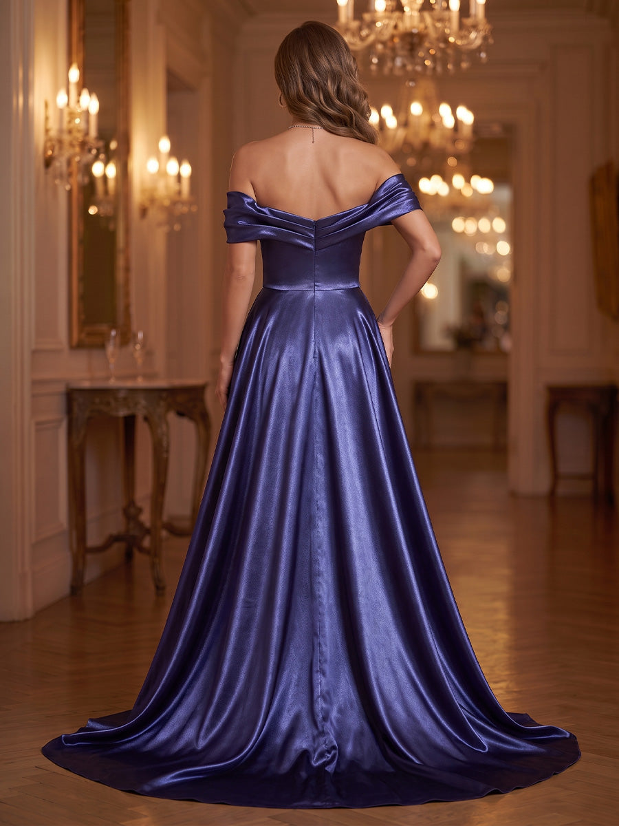 Sequin Evening Dresses A Line Off the Shoulder Sleeveless Floor Length Ruched