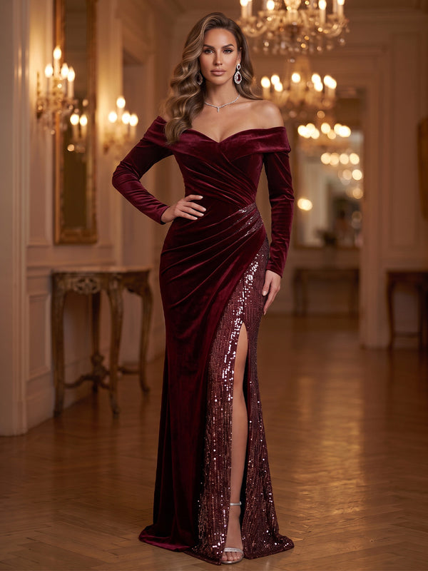 Velvet Evening Dresses Sheath/Mermaid Off the Shoulder Long Sleeves Floor Length Ruched