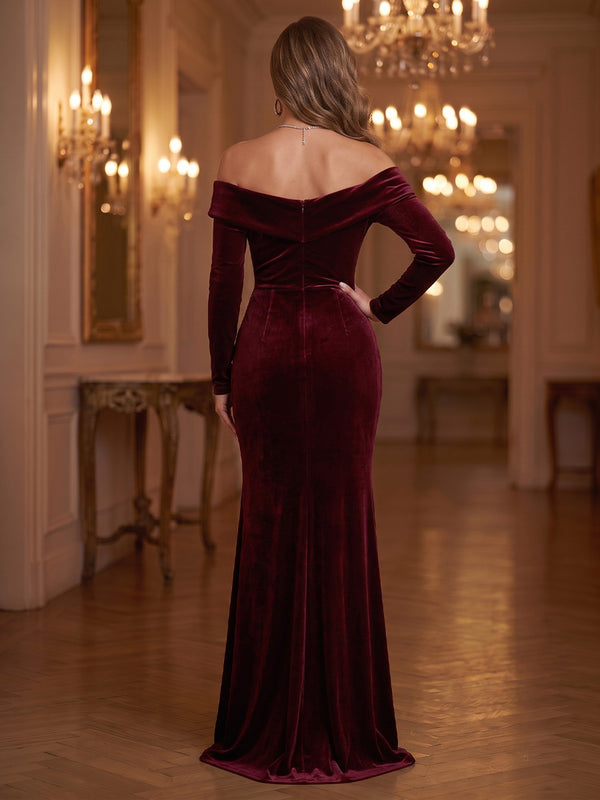 Velvet Evening Dresses Sheath/Mermaid Off the Shoulder Long Sleeves Floor Length Ruched