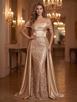 Sequin Evening Dresses A Line Off the Shoulder Sleeveless Floor Length Ruched