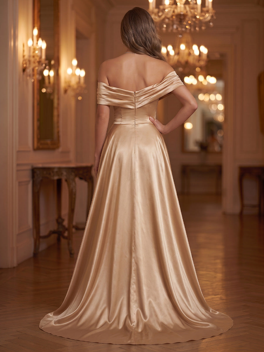 Sequin Evening Dresses A Line Off the Shoulder Sleeveless Floor Length Ruched