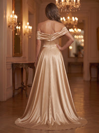 Sequin Evening Dresses A Line Off the Shoulder Sleeveless Floor Length Ruched