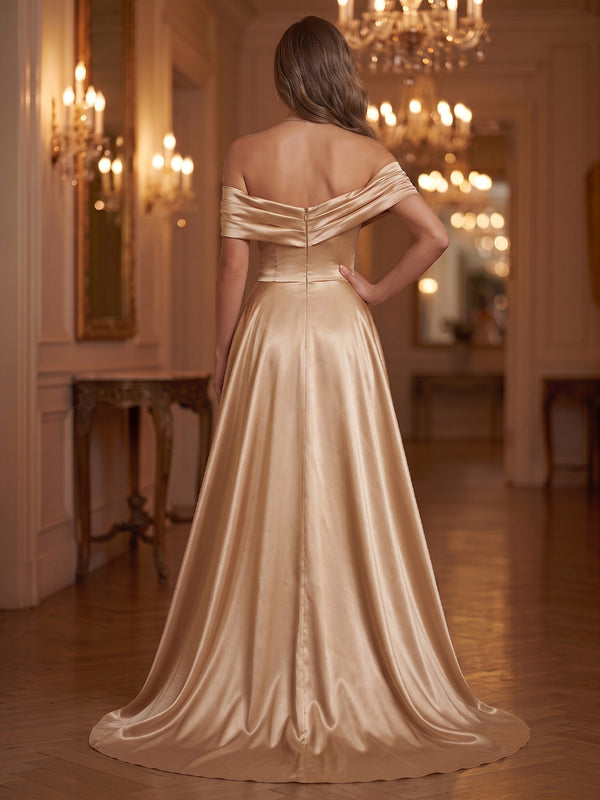 Sequin Evening Dresses A Line Off the Shoulder Sleeveless Floor Length Ruched